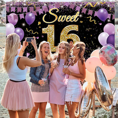 Sweet 16 Birthday Decorations Backdrop Banner, Happy 16Th Birthday Decorations f