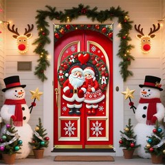 2D flat festive door bannerSanta Couple Door Decorations Holiday Indoor Outdo…