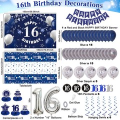 Blue Silver 16th Birthday Decorations for Boys Girls, Sweet 16 Party Decorati…