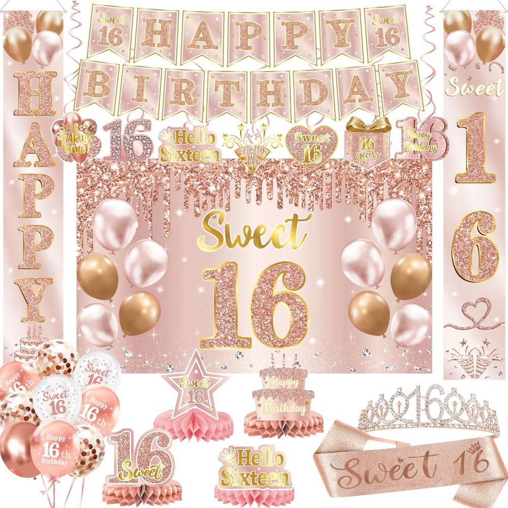 Sweet 16 Party Decorations – 16th Birthday Decorations Backdrop, Banner, Hone…