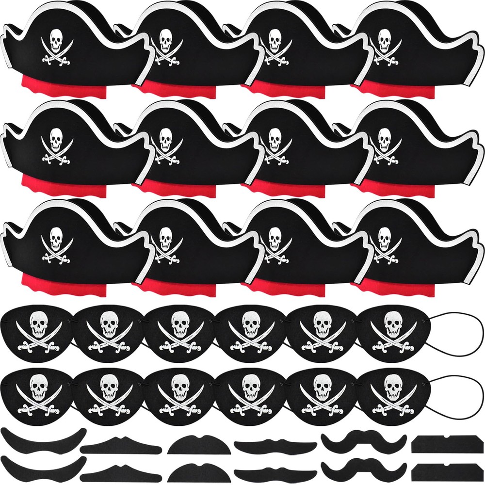 Pirate Hat Set for Kids, 36 Pcs Felt Pirate Hat, Skull Print Eye Patches, Fak…
