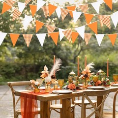 32Ft Orange Party Decorations Orange Buffalo Plaid Checkered White Triangle F…