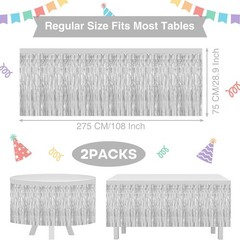 2 Pack 29.5×108 Inch Silver Foil Fringe Tinsel Table Skirts Disposable Table