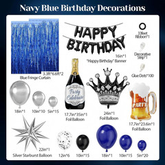 Blue and Black Happy Birthday Decorations for Men with Happy Birthday Banner, Fr