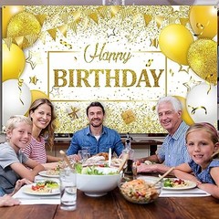 Happy Birthday Decorations Backdrop Banner for Men Women Boys White and Gold