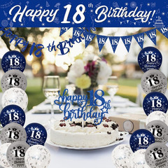 18Th Birthday Decorations – Blue & Silver Banners, Triangle Flags, Cake Toppers