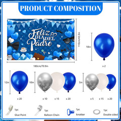 Feliz Día Del Padre Decorations Set, 110Pcs Blue Silver Balloon Arch Kit with Ba
