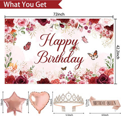 Birthday Decorations Party Set for Women, Rose Gold Flower Peony Banner Photogra