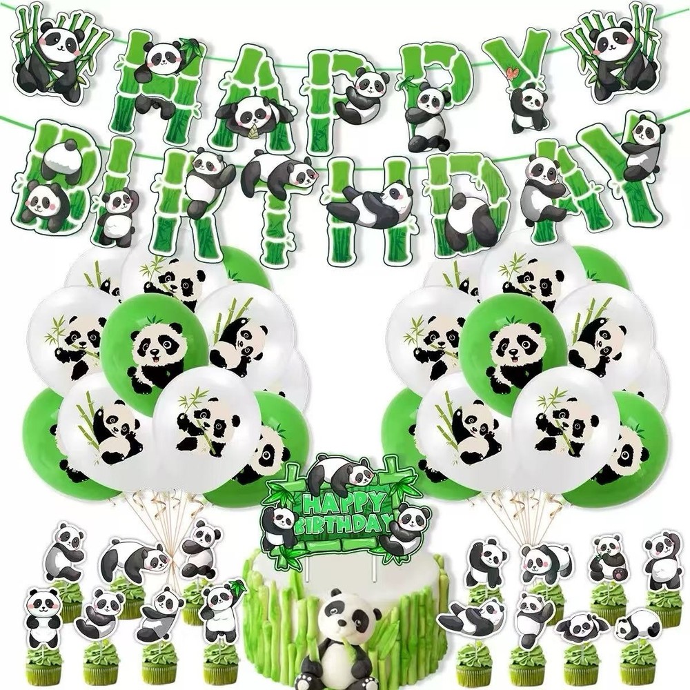 Cute Panda Theme Birthday Party Decorations Set Banner Balloon Cake Toppers