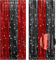 2 Pack 3.2Ft X 8.2Ft Red Foil Fringe Curtain, Glitter Metallic Tinsel Foil Fring
