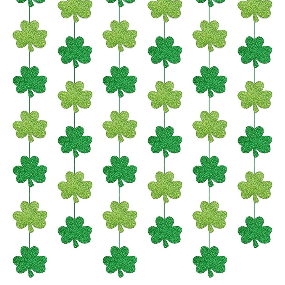 6Pcs 29.5Ft St Patricks Day Garland, Glitter Green Shamrock