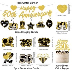 Pre-Strung Glitter 50th Anniversary Banner Decorations, Happy Black Gold