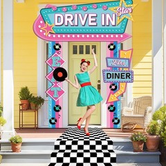 4Pcs 50s Party Decorations 50s Diner Party Banner Black White Checkered Runne…