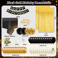 Birthday Decorations for Men Women, Black and Gold Party Decorations, Happy Birt