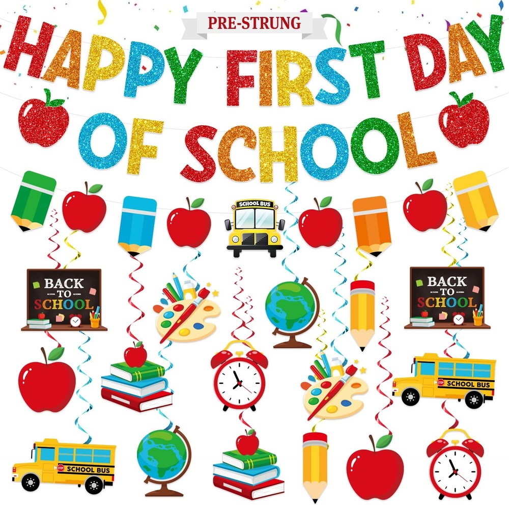 First Day of School Decorations, Pre-Strung Glitter First Day of School Banne…