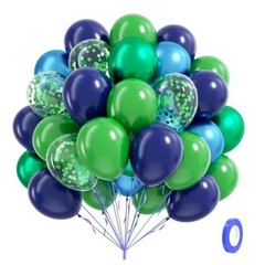 60pcs Blue and Green Balloons 12inch with Navy Blue Metallic Blue Green