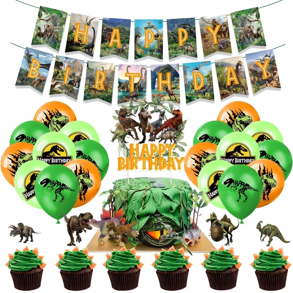 Dinosaur Party Set Balloons Banner Cake Toppers Birthday Kids Decorations