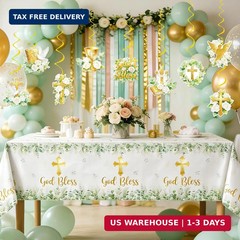 Gold Baptism Decorations Set, Christening Party Supplies with God Bless Hanging