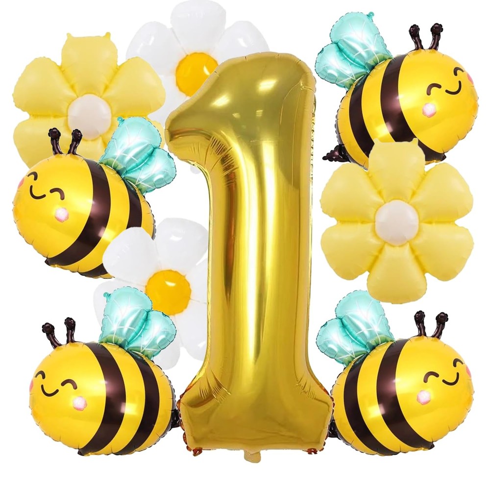 9PCS Bee Balloons, Bee, White and Yellow Daisy Flower, Number 1 Foil Balloons…