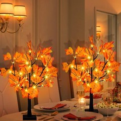 2 Pack 24-inch Fall Lighted Maple Tree, 48 LED Lights Thanksgiving Table Tree