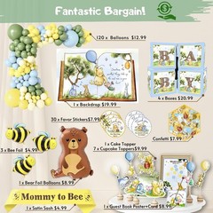 269 Piece Winnie Bear Baby Shower Decorations Kit with Balloon Arch and Backdrop