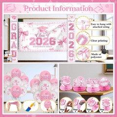 Pink Bow Graduation Decorations 2026 Set, All-In-1 Coquette Kit with Congrats Gr