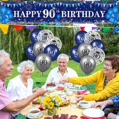 Blue 90th Birthday Decorations for Men Women, Navy Blue Silver Happy 90th Bir…