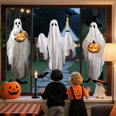 JarThenaAMCS Extra Large Halloween Ghost Window 13.8 x 35.4 inch, Multicolor
