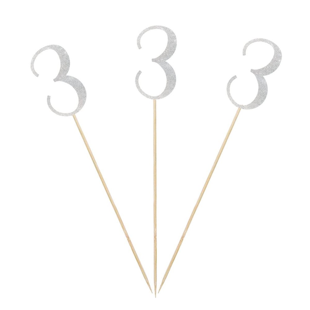 3rd Birthday Centerpiece Sticks Number 3 Table Topper Silver Glitter 12 PCS