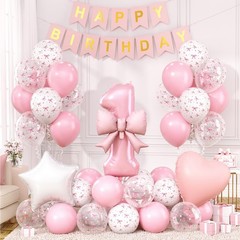 1st Pink Bow Birthday Decorations for Girls,Pink White Clear Bow Latex Balloo…