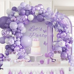 Purple Balloon Arch Kit with Pastel Metallic Purple Confetti Silver White Bal…