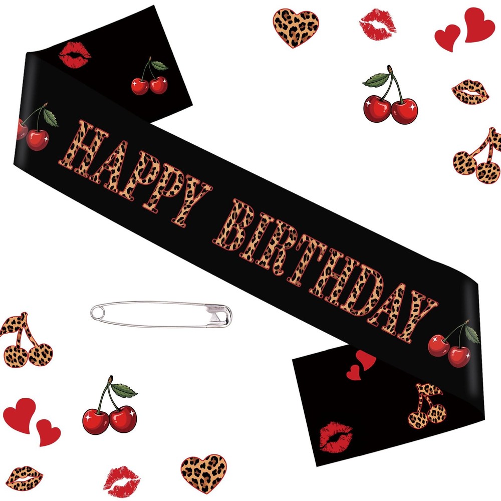 Cheetah Cherry Happy Sash, Leopard Satin Sash Decorations Red and Black Party…