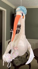 Vintage Large Plush Hanging Stork & Baby, 17 «, By Russ painted eyes,Satin