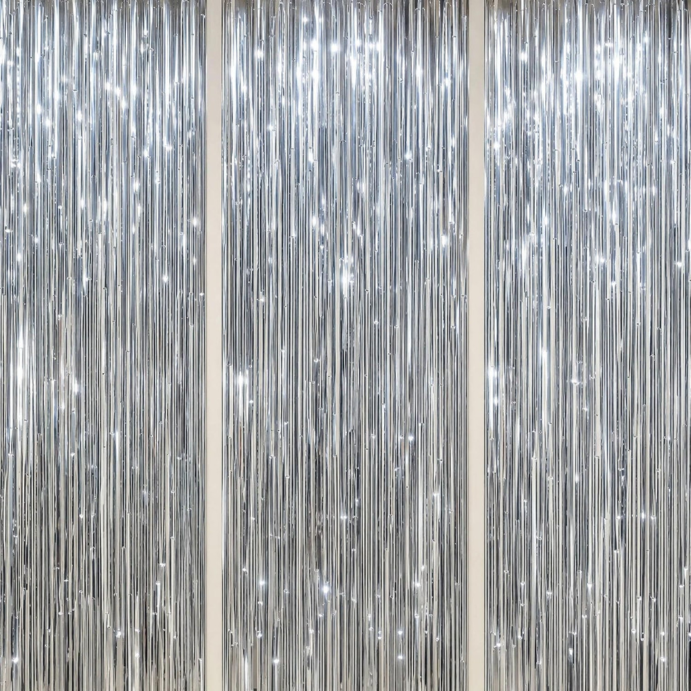 3 Pack Foil Fringe Backdrop – Silver Shiny Tinsel Curtains for Party Decoration/