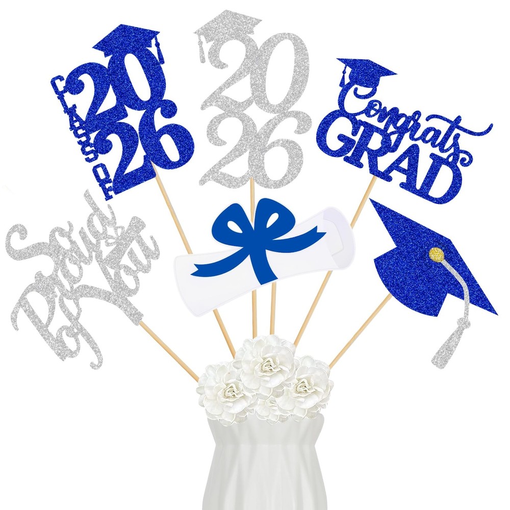 24 PCS Blue Silver Class Of 2026 Graduation Centerpiece Sticks Table Decor