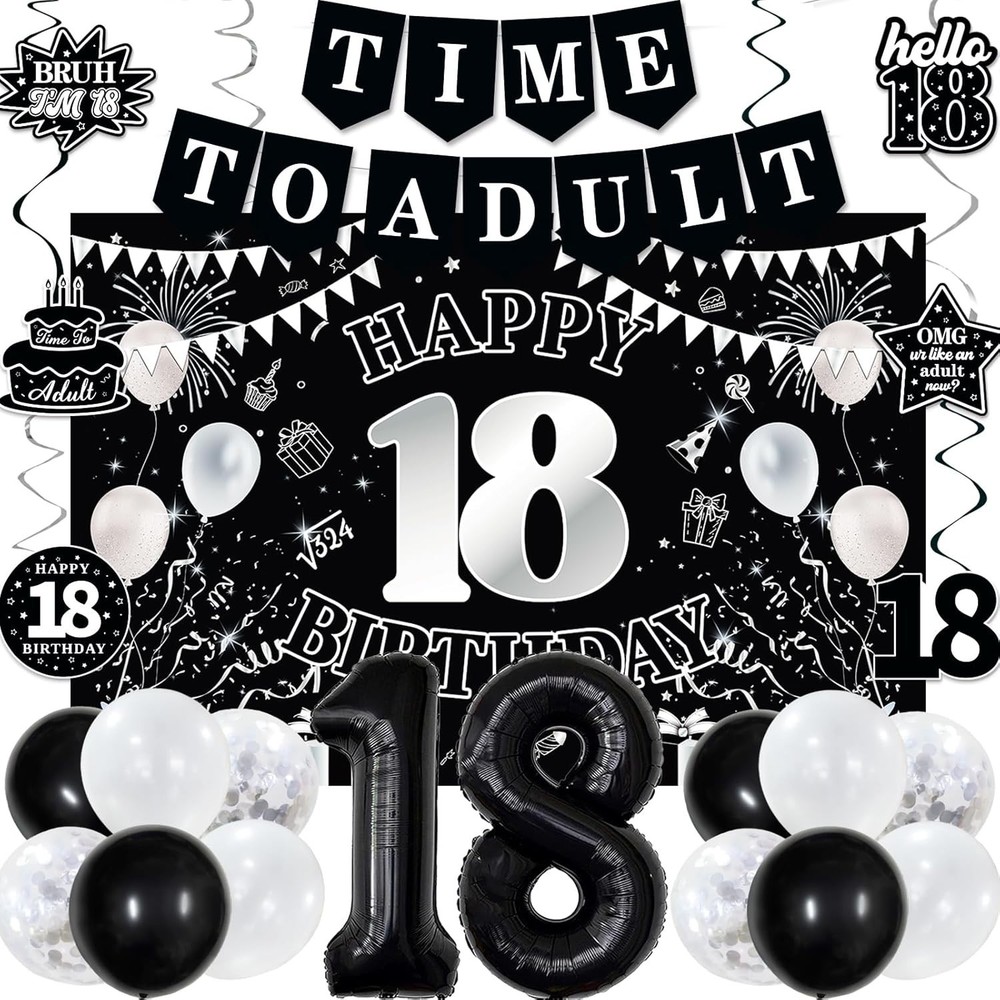 Decorations for Boys Girls, Black White Happy 18th Birthday Party Decorations, T