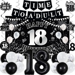 Decorations for Boys Girls, Black White Happy 18th Birthday Party Decorations, T