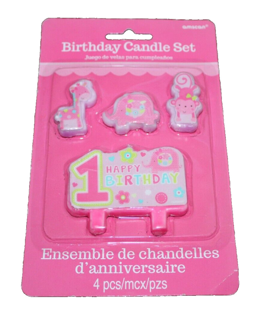 Birthday Candle Set Happy Birthday 4 Piece Pink Animals Giraffe Elephant Monkey