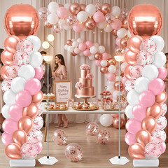 2 Sets Pink Rose Gold Balloon Column Stand Kit, Adjustable Floor Balloon Arch To