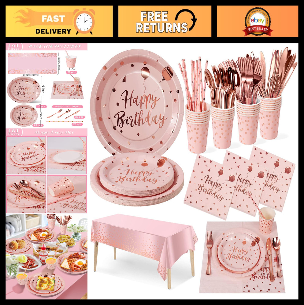 161-Piece Pink & Rose Gold Birthday Party Supplies Set – Plates, Napkins, Cups &