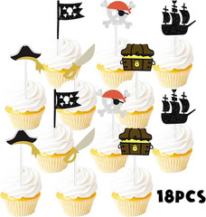 18Pcs Black Glitter Dessert Cupcake Topper Skull Ship Pirate Hat Nautical Sailin