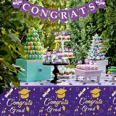 Graduation Tablecloth Party Decorations 2026, 3 Pack Purple Large Size 54″x108″