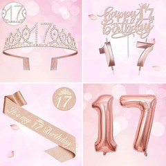 Memorable 17th Birthday Celebration Kit: Tiara, Sash, Balloons & Topper Included