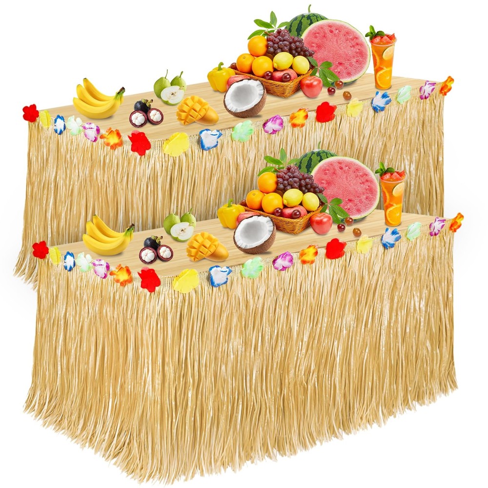 Luau Party Decorations, Grass Table Skirt for Tropical 2PCS Straw Yellow