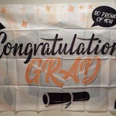 Congratulations Grad Banner – White, Orange, Black Party Decor