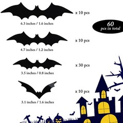 FEILIBAY 60 Pieces Halloween Bats Decoration, 4 Size 3D Multi Size, Black