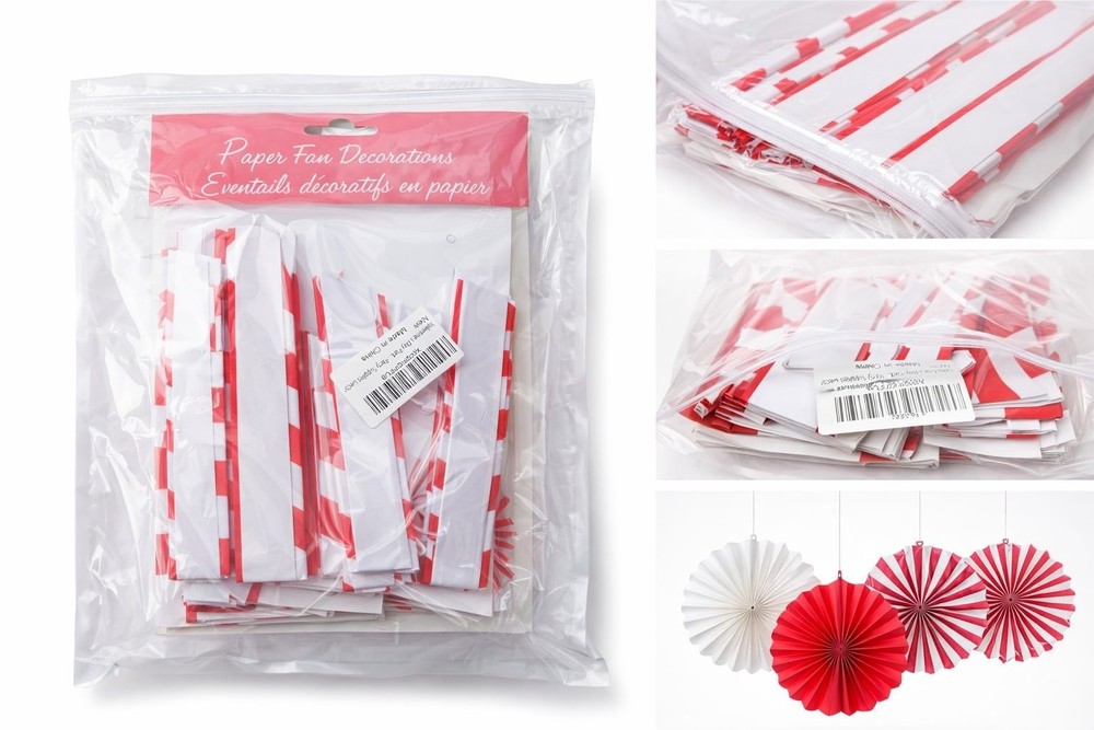 Paper Fan Decorations Striped Red & White Party Supplies 6-Pack New Sealed
