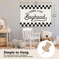 Long Live Boyhood Black and White Checkered Boys Room Decor – Linen Banner Wa…