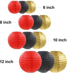 12 Pcs Red Black Gold Paper Lanterns Round Hanging Paper Lanterns for Birthda…