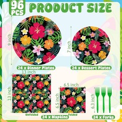 96 Pcs Hawaiian Party Dinnerware: Disposable Plates, Napkins & Forks for 24 G…